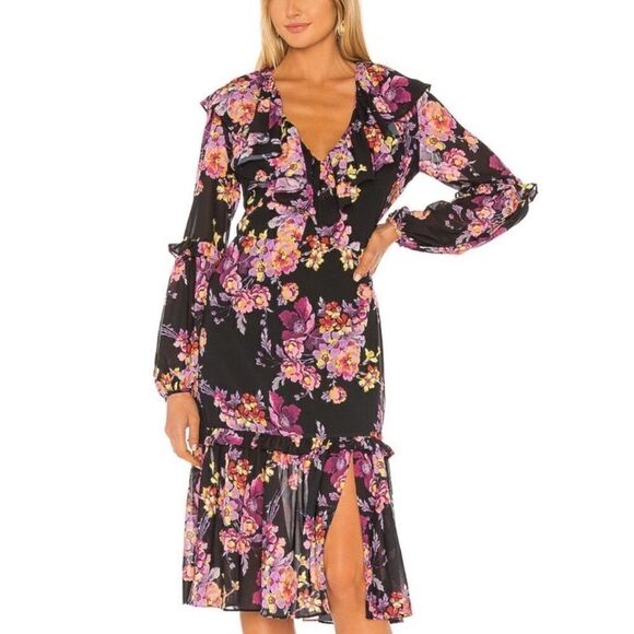 Amanda Uprichard Talulah Long Sleeve Ruffle Hem Midi Dress Size Medium - Picture 1 of 7